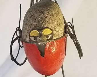 Vintage Rock Art Bird on Pedestal MCM Decor Statue Wire Art 1974