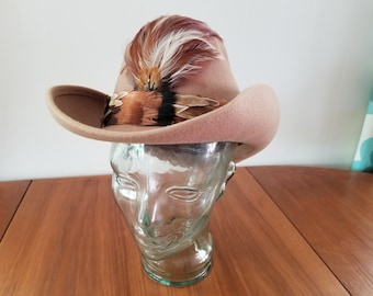 Vintage Bollman Doeskin Felt Cowgirl Hat with Feathers