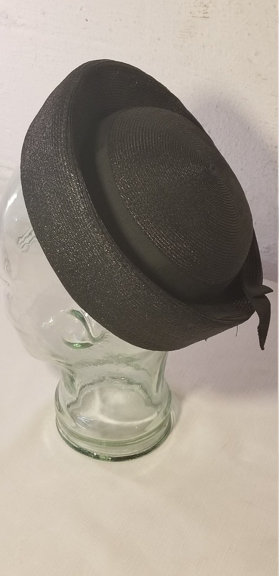 Mid Century Black Straw Pillbox Hat Union Made in 