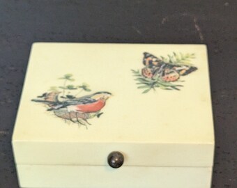 Vintage Earing or Memento Box Shallow Bird and Butterfly Decoration Dated 1976