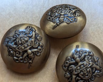 Vintage Buttons Metal Gold/Brass Tone Crest set of 3 matching Loop Shank