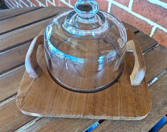 Vintage MCM Teakwood Glass Covered Cheese Plate Danish Modern by Dolphin with Handles