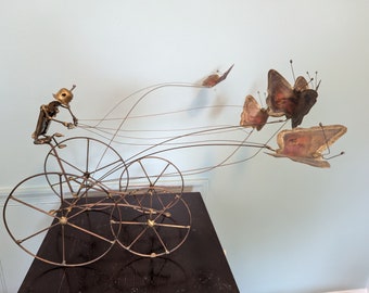 Large Mid-Century Metal Sculpture Carriage pulled by Butterflies MCM Mad Max meet Cinderella