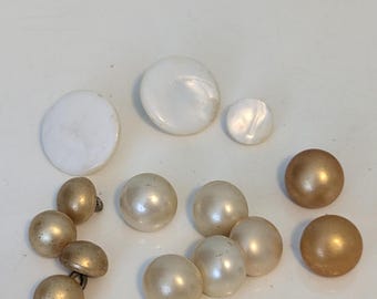 Vintage Pearl - like Ball and Flat Loop Shank White to Gold Buttons