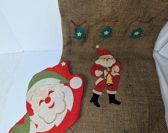 Vintage Santa Burlap Sack and Felt Santa Face Unique Christmas Decor