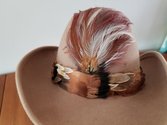 Vintage Bollman Western Hat with Feather Trim – Made in USA Doeskin for Bollman Hat - Beigebrown Wool/silk Feather-trim  main image 4