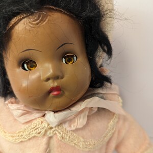 Vintage Vanity 17" Composition Baby Doll Dressed in Pink, African American, Sleepy Eyes