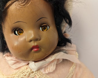 Vintage Vanity 17" Composition Baby Doll Dressed in Pink, African American, Sleepy Eyes