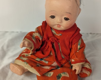 Vintage Asian Doll Red Clothes Composite