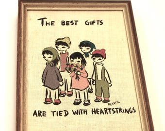 1970s Framed Embroidered Wall Hanging "The Best Gifts are Tied with Heartstrings" Children Flower Bouquet