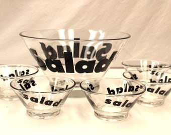 Vintage Wheaton Glass Typography Salad Serving Bowl 6 Piece Set 1970s Mid Century