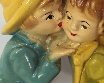 Vintage Boy Kissing Girl Chalkware Hanging