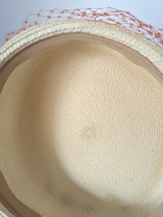 Pillbox Hat 1950s Off-White Pillbox Hat with Oran… - image 7