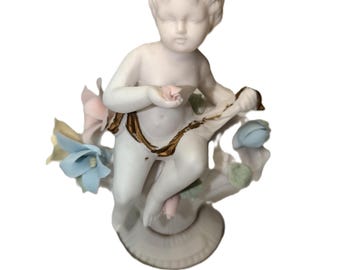 Lefton's Unglazed Porcelain Cerub on a Basket of Flowers Fin China Lefton Handpainted