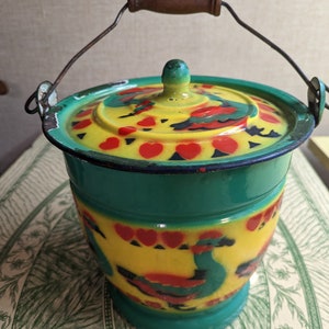 RARE Vintage Enamelware Bucket with Ducks and Hearts Wooden Handle