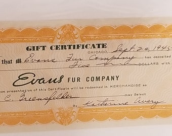 1945 Evans Fur Company Gift Certificate and Envelope WWII Memorabilia
