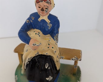 Heavy Vintage Cast Iron Woman on Bench Sewing Door Stop Paperweight Bookend