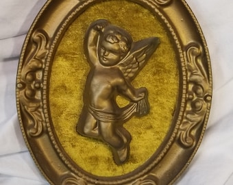 Vintage Cherub Plaque Bronze Colored Plaster with Avocado Velour Backing