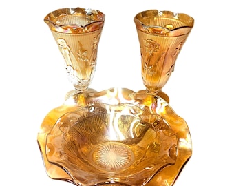 Vintage Jeannette Peach Luster Iris and Herringbone Your Pick Vase, Large Dish, Small Dish