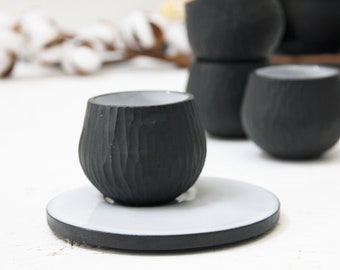 Hand-carved ceramic espresso cup with saucer in black.unique coffee mug,Modern Espresso Cups,christmas gift,unique gift,Housewarming gift