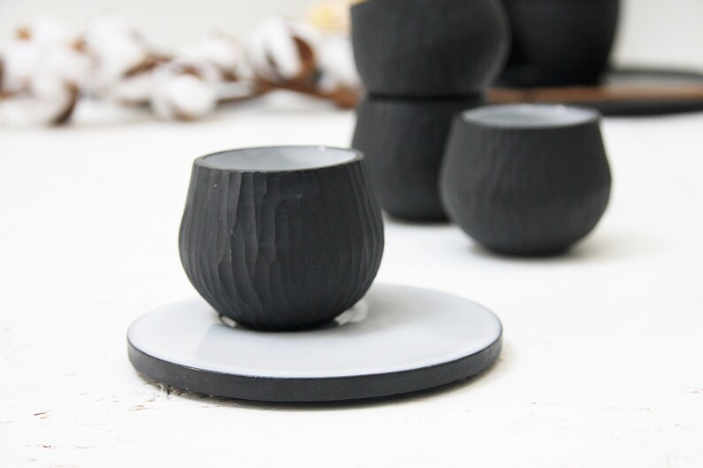 Hand-carved ceramic espresso cup with saucer in black.unique coffee mug,Modern Espresso Cups,christmas gift,unique gift,Housewarming gift image 1