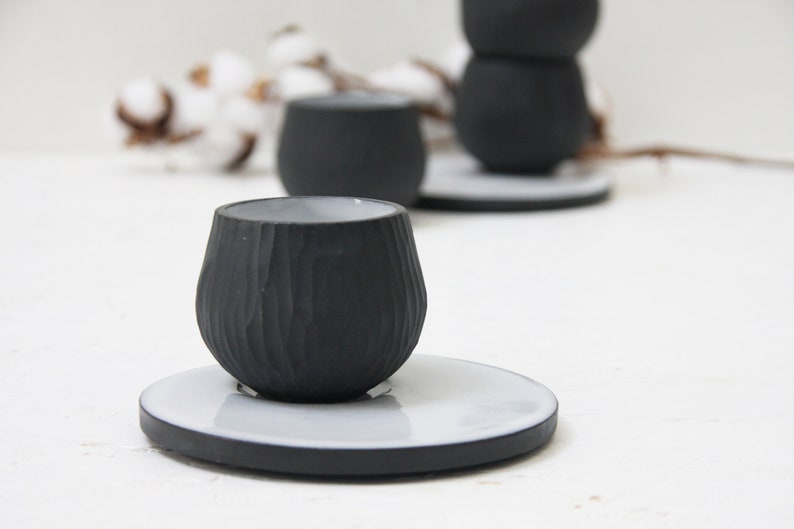 Hand-carved ceramic espresso cup with saucer in black.unique coffee mug,Modern Espresso Cups,christmas gift,unique gift,Housewarming gift image 3