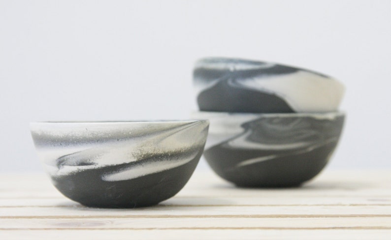 Set of three little bowls in marble black and white with glossy glaze.modern and urban look. image 2