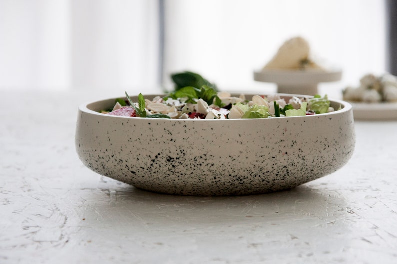 Ceramic large salad bowl in white and black dots.Modern tableware,Serving bowl,elegant bowl,Ceramic rustic bowl,Pasta bowl,Housewarming Gift image 1