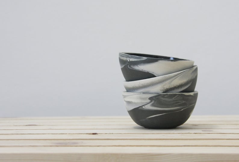 Set of three little bowls in marble black and white with glossy glaze.modern and urban look. image 1