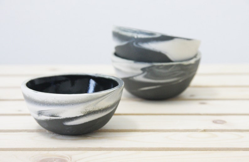 Set of three little bowls in marble black and white with glossy glaze.modern and urban look. image 4