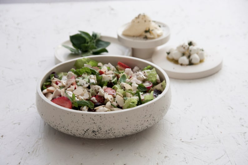 Ceramic large salad bowl in white and black dots.Modern tableware,Serving bowl,elegant bowl,Ceramic rustic bowl,Pasta bowl,Housewarming Gift image 2