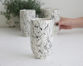 Ceramic tumbler in white and black lines. Ceramic mug,Modern tumbler, Ceramic Coffee Mug,wedding gift,Housewarming gift,flower vase,handmade