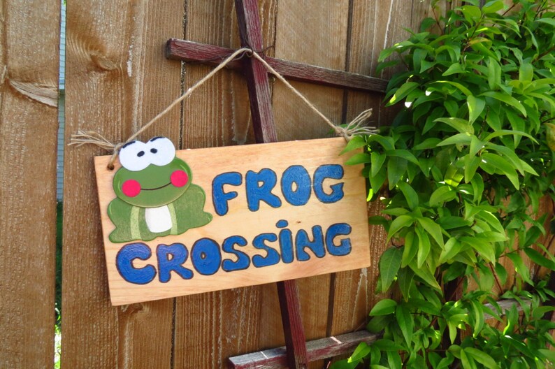 Frog Crossing Sign Wooden Frog Attached Fun Garden Sign Etsy