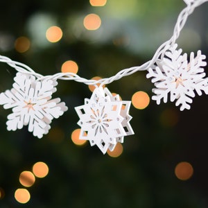 May include: A string of white lights with white snowflake-shaped paper lanterns. The lights are strung on a white wire and are hanging against a green background.
