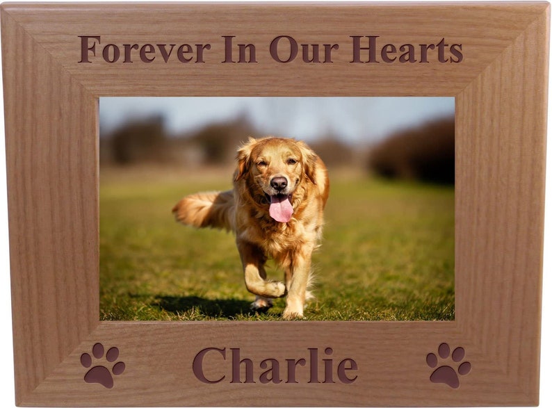 Forever In Our Hearts Add Your Custom Dog Name 4x6 5x7 8x10 Wood Tabletop/Wall Memorial Wood Picture Frame Customizable Remembrance Loss image 1