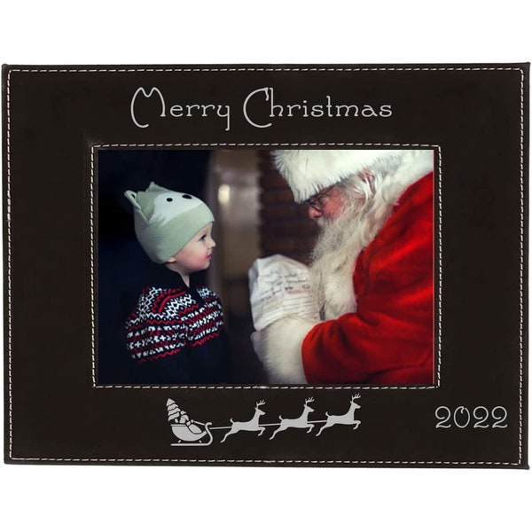 Merry Christmas - 2023 - Custom Year - Faux Leather Leatherette Hanging/Tabletop Personalized Family Photo 4x6 5x7 8x10 Picture Custom Frame