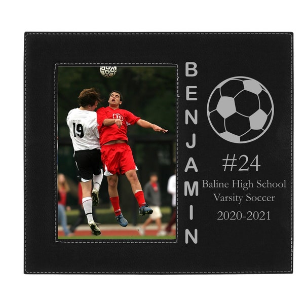 Soccer Team Vertical Name 4x6 5x7 Offset Leatherette Faux Leather Custom Personalized Tabletop/Hanging Picture Sport Photo Frame - Players