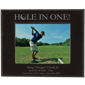 Personalized Hole-In-One Golf Leatherette Faux Leather Golfing Tabletop/Hanging Picture Photo Black Custom Frame
