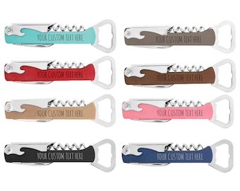 Personalized Add Custom Text Heavy Duty Stainless Steel Laser Engraved Beer Bottle Faux Leather Leatherette Multi-Tool Corkscrew Wine Opener
