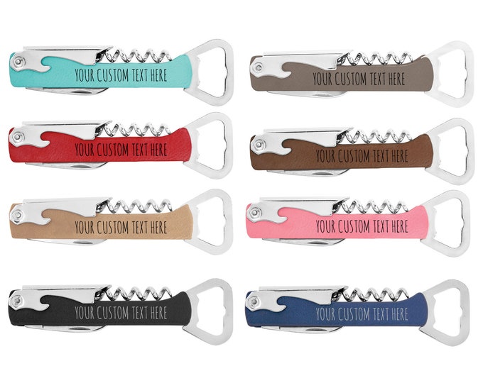 Personalized Add Custom Text Heavy Duty Stainless Steel Laser Engraved Beer Bottle Faux Leather Leatherette Multi-Tool Corkscrew Wine Opener