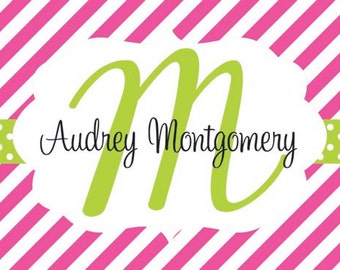 Pink and White Stripe with Lime Center Stripe and Initial Calling Card