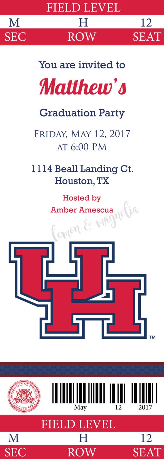 University Of Houston Ticket Einladung Etsy