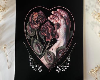 May include: A black and white print of a hand holding a rose with a heart-shaped frame. The roses are wilting and have eyes on the stems. The text "Beautifully, I chase the Roses, sick of the world" is written on the print.