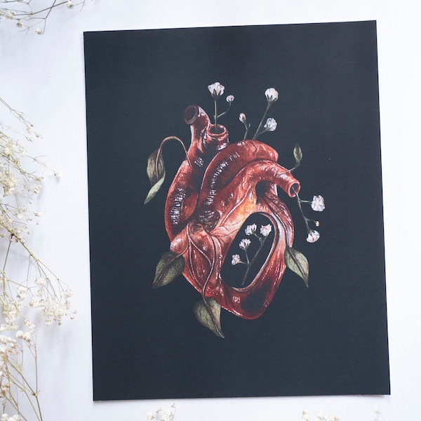 Heart And Flowers Print - Watercolor Dark Surreal Creepy Botanical Gothic Victorian Wall Art Human Heart