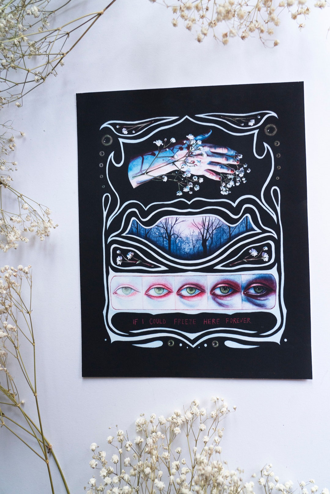 Freeze Here Forever - Print Dark Surreal Watercolor Painting Gothic Hands Victorian Forest Lovers Eye Wall Decor