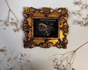 Crow Skull with Baby's Breath Print Resin in Antique Ornate Frame - Spooky Watercolor Painting