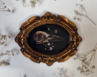 Crow Skull & Baby's Breath Print Resin in Antique Ornate Frame - Spooky Watercolor Painting Lovers Eye