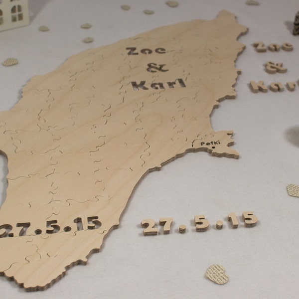 Map / Custom Shaped Puzzle - Alternative guest book puzzle for weddings & other occasions - Cut by Hand - Engraving and signing pen included