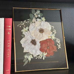 Pressed floral art, red and white roses, wedding flowers, Chelsey Walker Creative, 2025