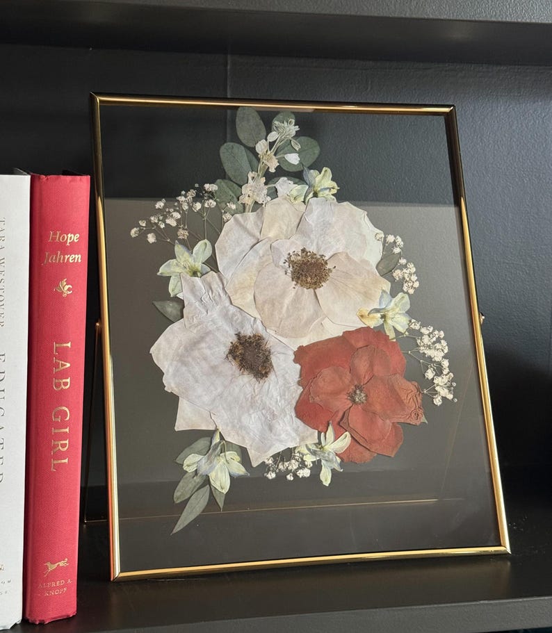 Pressed floral art, red and white roses, wedding flowers, Chelsey Walker Creative, 2025